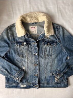 Target Mossimo Distressed Denim Jean Jacket Sherpa Shearling Collar XXL EUC